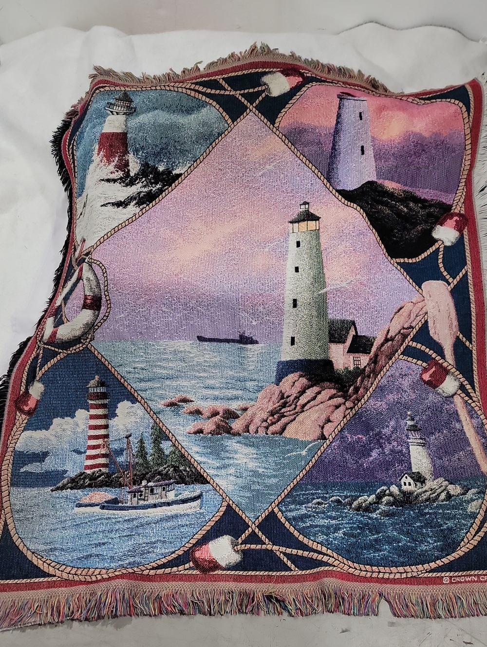 Crown Crafts Nautical Lighthouse Tapestry Throw Blanket - Pink and Blue